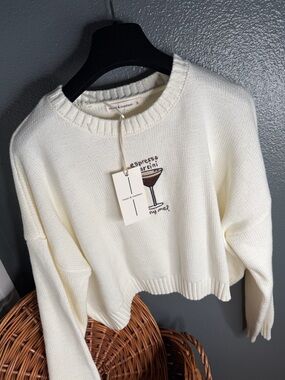 Moon & Madison 🍸 🤍Cream Knit Crewneck with Espresso Martini Embroidery🫧
